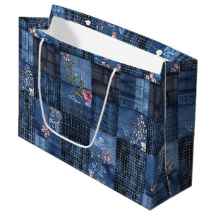 Indigo Floral Patchwork Pattern   Boho Denim Large Gift Bag
