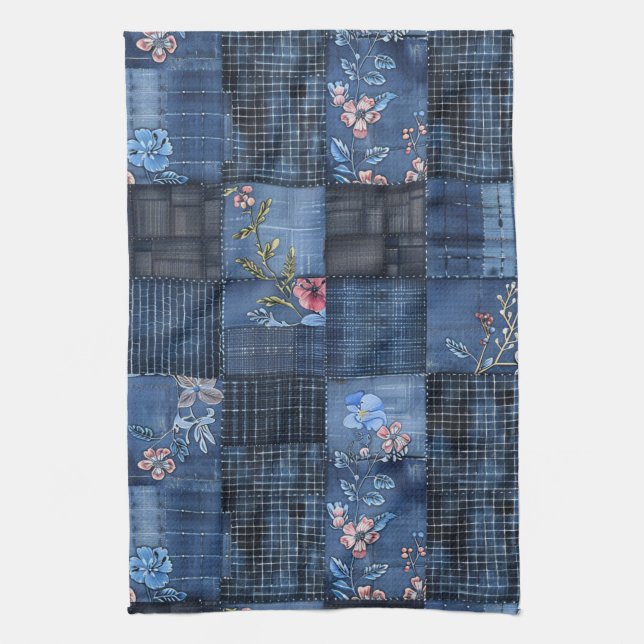 Indigo Floral Patchwork Pattern | Boho Denim Tea Towel (Vertical)