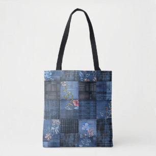 Indigo Floral Patchwork Pattern Boho Denim Tote Bag