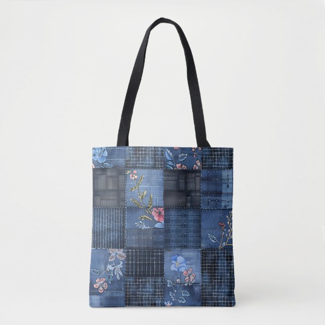 Indigo Floral Patchwork Pattern | Boho Denim Tote Bag (Front)