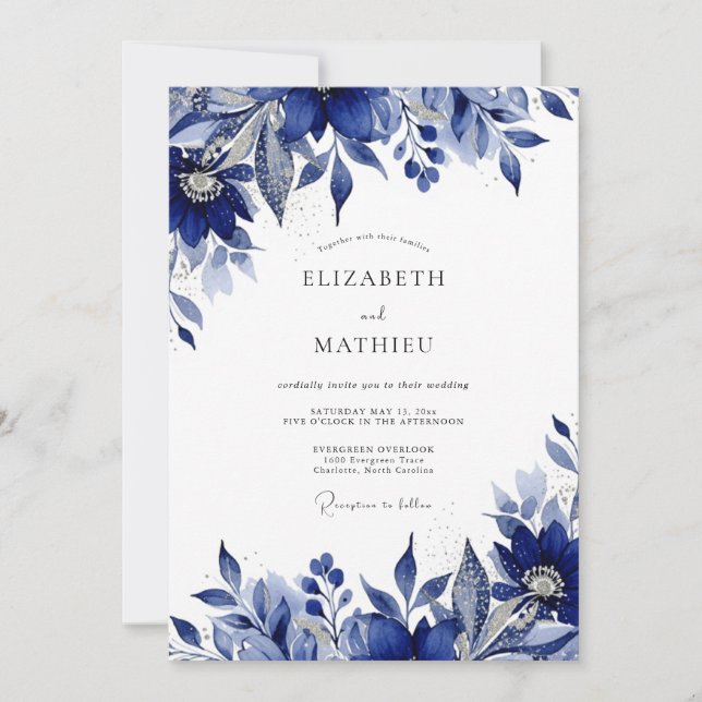 Indigo Floral Romance Wedding Invitation (Front)