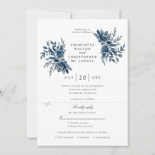 indigo flowers wedding invitation w rsvp attached (Front)