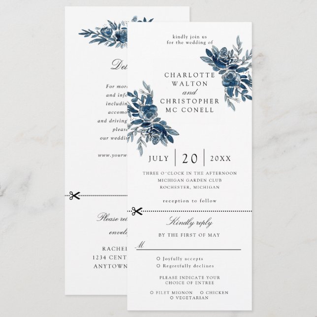 indigo flowers wedding invitation w rsvp attached (Front/Back)