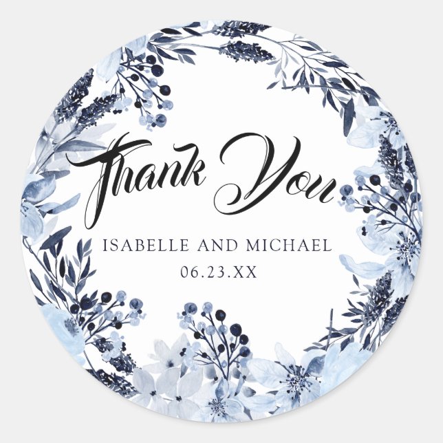 Indigo Garden Blue Floral Wedding Thank You Classic Round Sticker (Front)