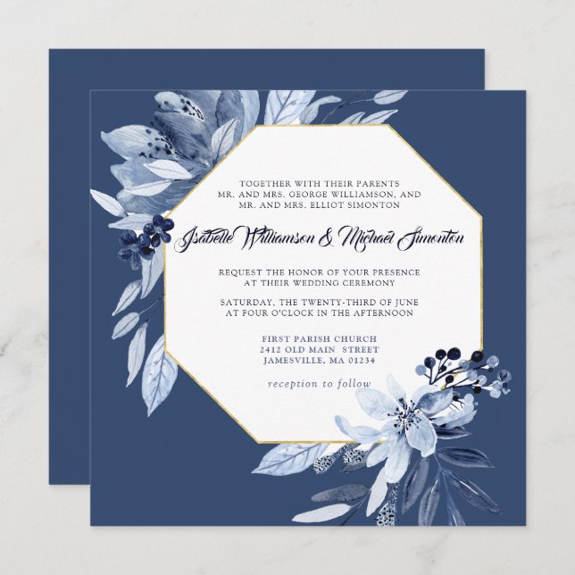 Indigo Garden Floral Square Wedding Invitation (Front/Back)