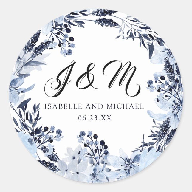Indigo Garden Monogram Initial Wedding Favour Classic Round Sticker (Front)