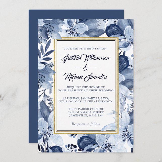 Indigo Garden with Gold Frame Wedding Invitaiton Invitation (Front/Back)