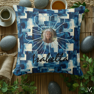 Indigo Geometric Bloom – Elegant Abstract Portrait Cushion