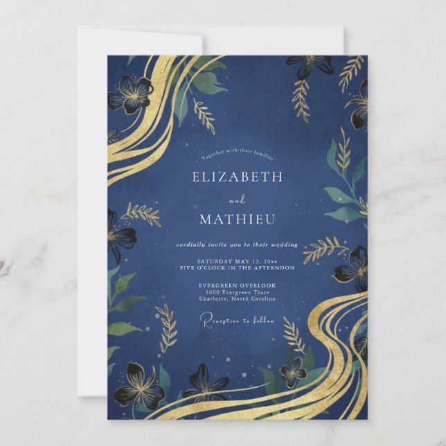 Indigo Gilded Leaf Wedding Invitation (Front)
