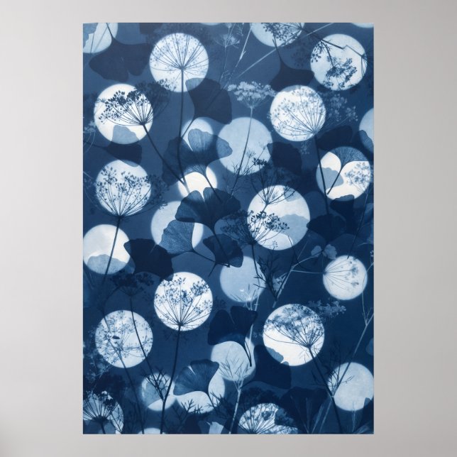 Indigo Ginkgo Wildflower Moonlight Cyanotype Art Poster (Front)