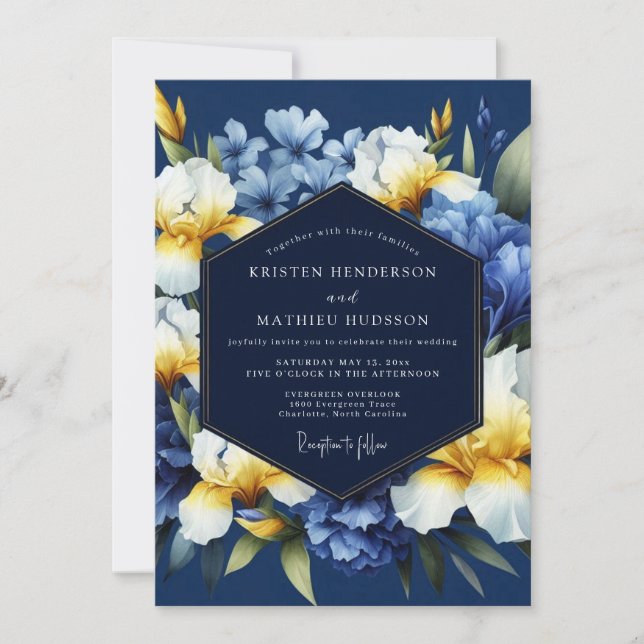 Indigo Golden Iris Bloom Wedding Invitation (Front)
