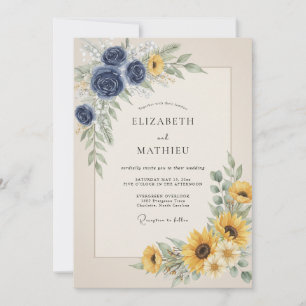 Indigo Golden Sunflower Eucalyptus Wedding Invitation