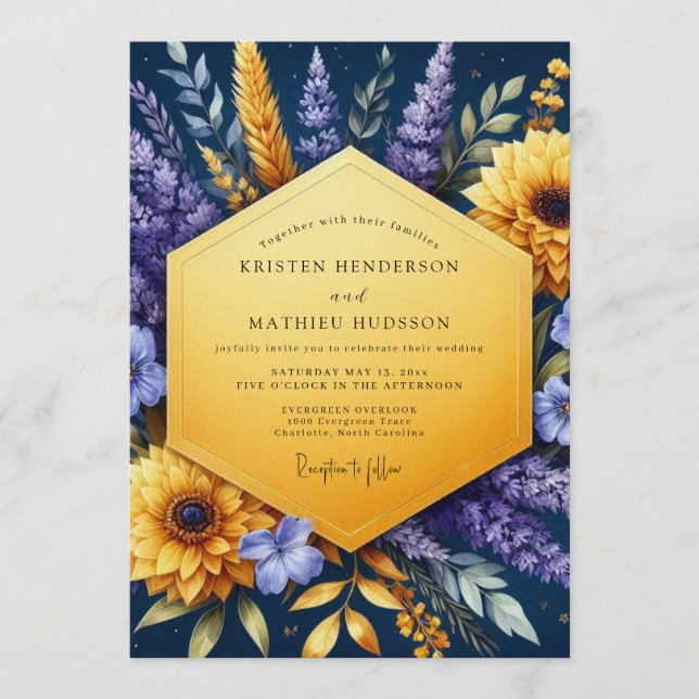 Indigo Golden Sunflower Wedding Invitation (Front)