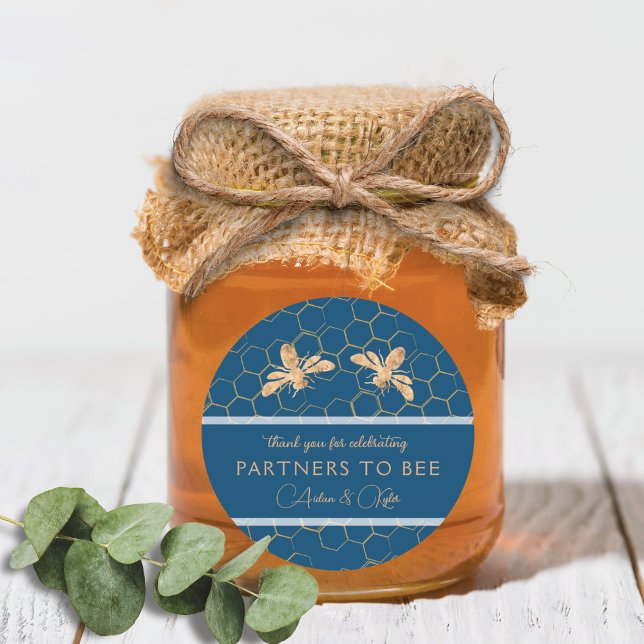 Indigo & Honeycomb Golden Bee Wedding Shower Classic Round Sticker (Creator Uploaded)