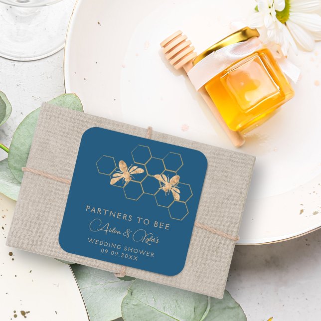 Indigo & Honeycomb Golden Bee Wedding Shower Square Sticker (Creator Uploaded)