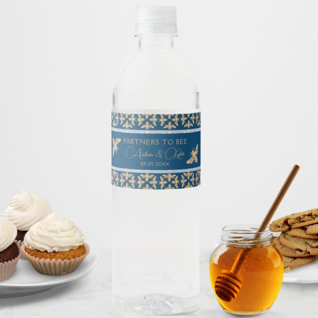Indigo & Honeycomb Golden Bee Wedding Shower Water Bottle Label (Creator Uploaded)
