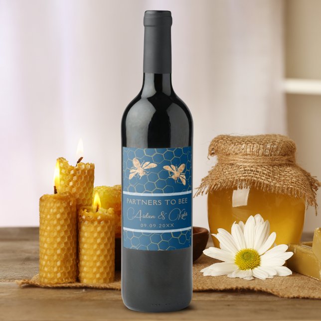 Indigo & Honeycomb Golden Bee Wedding Shower Wine Label (Creator Uploaded)