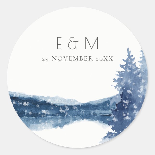 INDIGO INK BLUE MOUNTAIN LAKE MONOGRAM WEDDING  CLASSIC ROUND STICKER (Front)