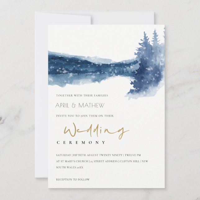 INDIGO INK BLUE MOUNTAIN LAKE SNOW WEDDING INVITE (Front)