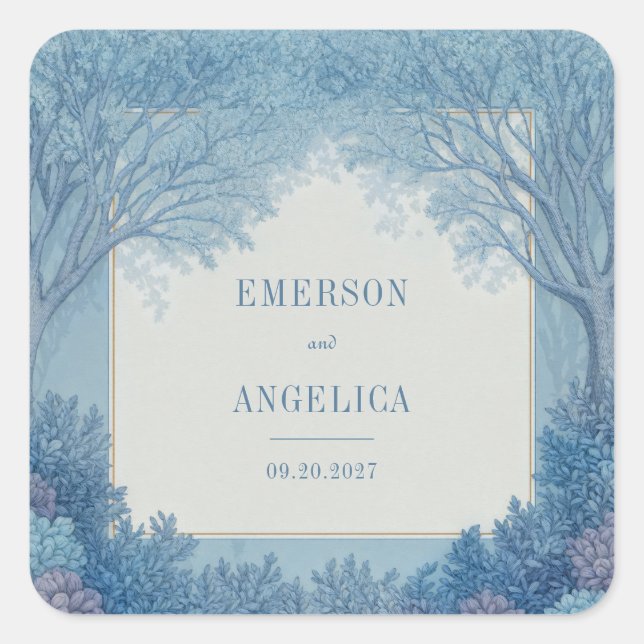 Indigo Ink Etched Woodland Frame Wedding Square Sticker (Front)