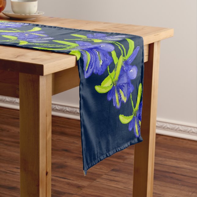Indigo Iris Flowers Watercolor Hand-painted Long Table Runner (In Situ)