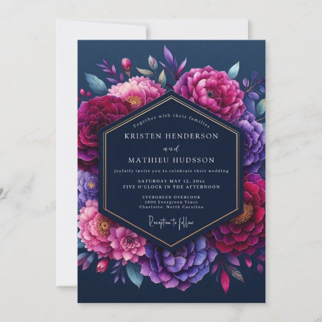 Indigo Jewel-Tone Bloom Wedding Invitation (Front)