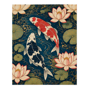 Indigo Koi and Lotus Japanese Inspired Art Poster