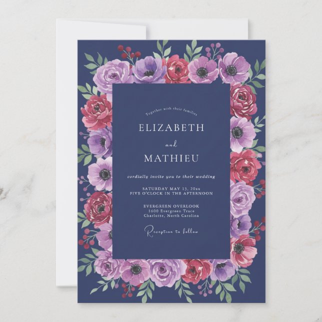Indigo Lavender Anemone Wedding Invitation (Front)