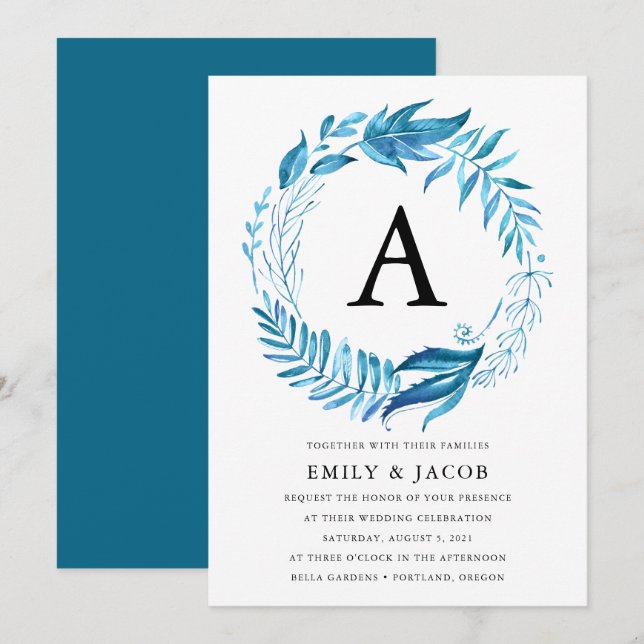 Indigo Leaves | Monogram Wedding Invitation (Front/Back)