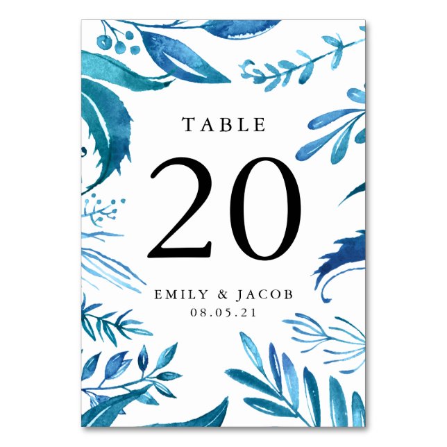 Indigo Leaves | Personalised Table Number Cards (Front)