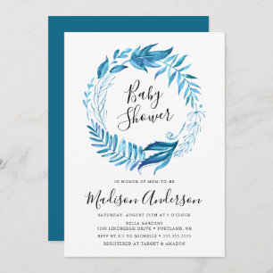 Indigo Leaves   Wreath Baby Shower Invitation