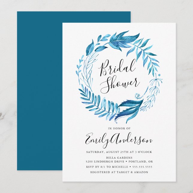 Indigo Leaves | Wreath Bridal Shower Invitation (Front/Back)