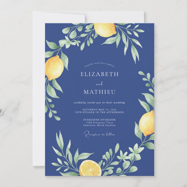 Indigo Lemon Watercolor Wedding Invitation (Front)