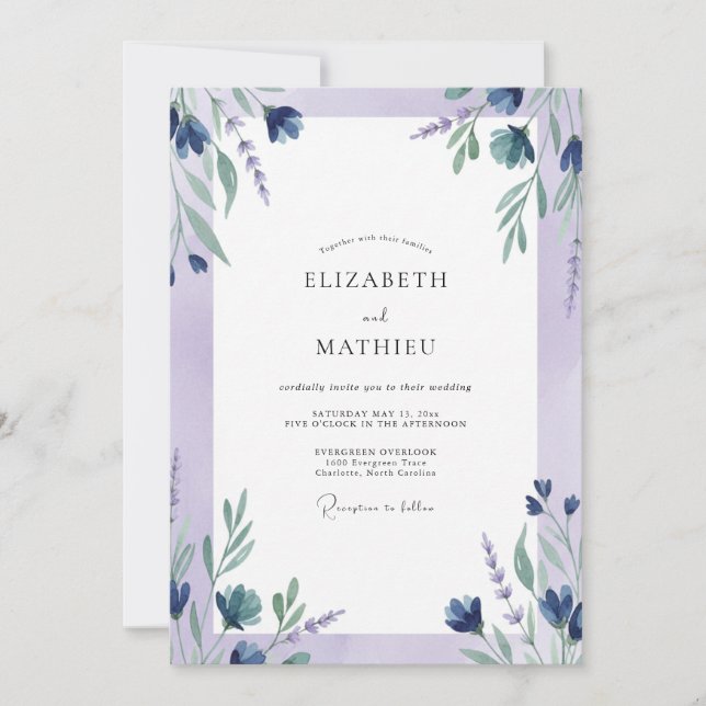 Indigo Lilac Leaf Wedding Invitation (Front)