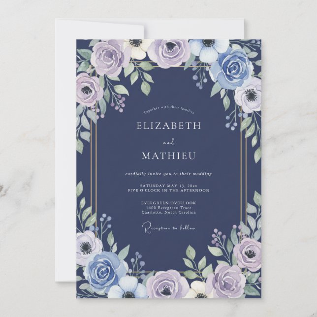 Indigo Lilac Ranunculus Sage Wedding Invitation (Front)