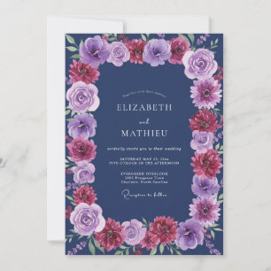 Indigo Magenta Ranunculus Eucalyptus Wedding Invitation