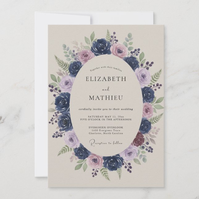 Indigo Mauve Peony Wedding Invitation (Front)