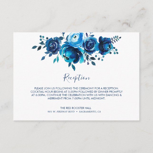 Indigo Mood Floral Wedding Reception Enclosure Card (Front)