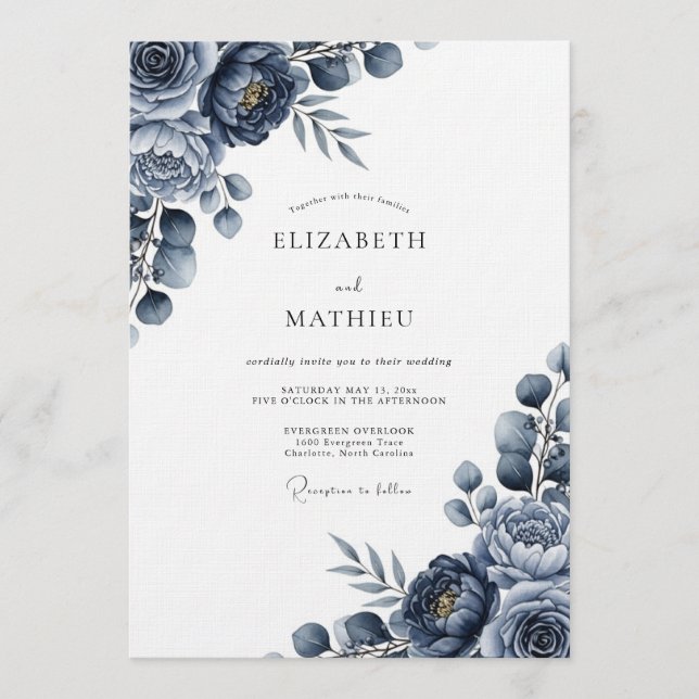 Indigo Moody Floral Wedding Invitation (Front)
