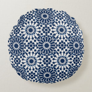 Indigo Moroccan Geometric Star Mosaic Pattern Round Cushion