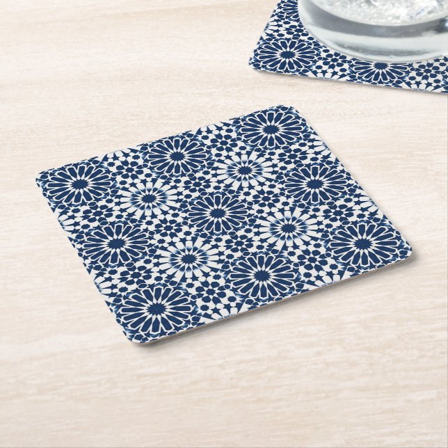 Indigo Moroccan Geometric Star Mosaic Pattern Square Paper Coaster (Angled)