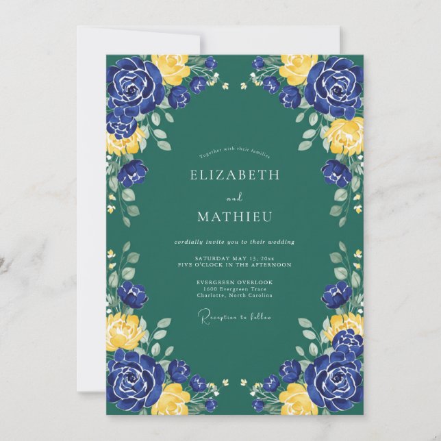 Indigo Mustard Blossom Wedding Invitation (Front)