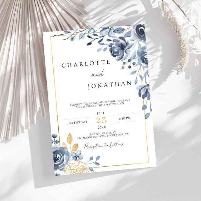 Indigo Navy Blue and Gold Elegant Romantic Wedding Invitation (Creator Uploaded)