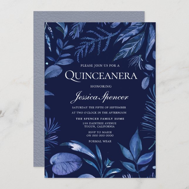Indigo & Navy Blue Leaf Floral Quinceanera Invite (Front/Back)