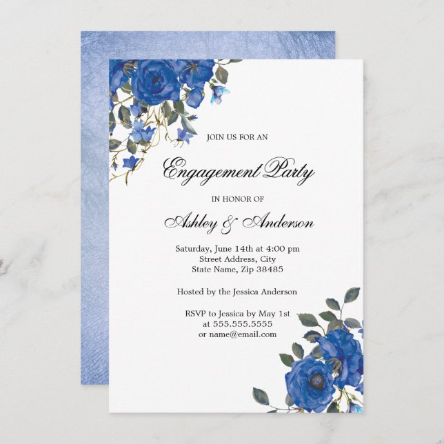 Indigo Navy Midnight Blue Flowers Engagement Party Invitation (Front/Back)