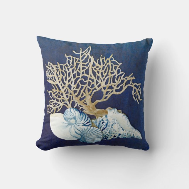 Indigo Ocean Coral Seashells Nautical Beach House Cushion (Front)