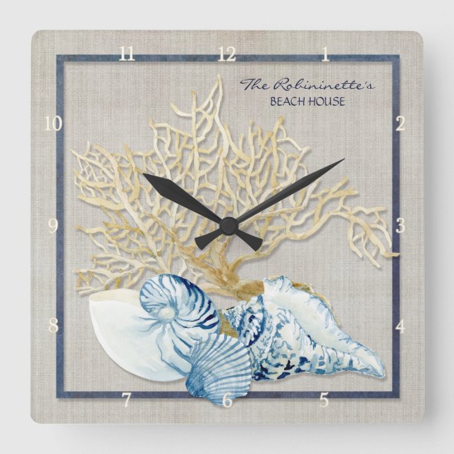 Indigo Ocean Crab Seashells Nautical Beach House Square Wall Clock (Front)