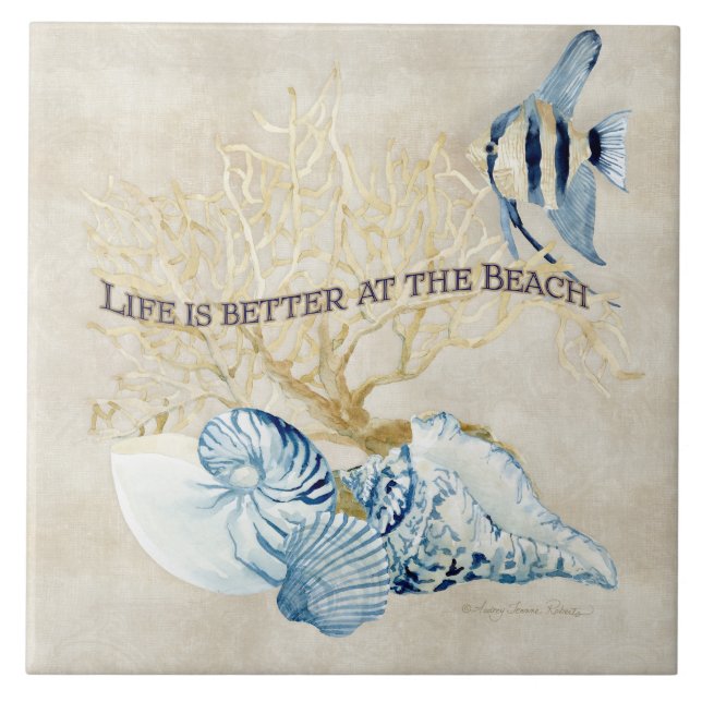 Indigo Ocean Life is Better at the Beach Shells Tile (Front)