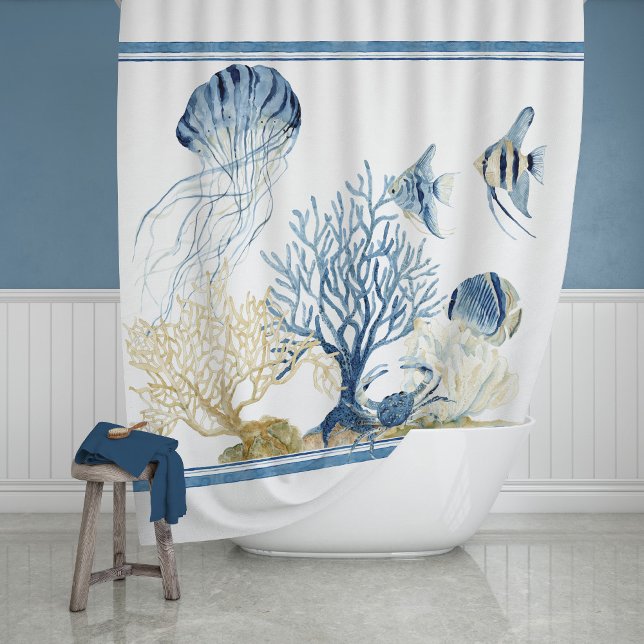 Indigo Ocean Underwater Sea Life Coral Angelfish Shower Curtain (Creator Uploaded)