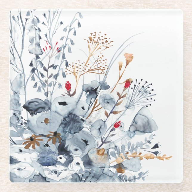 Indigo & Ochre - Watercolor Flowers Glass Coaster (Front)